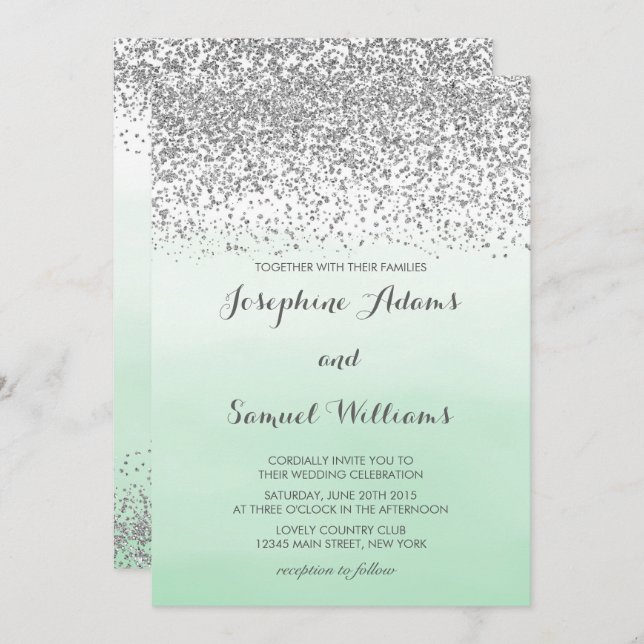 Convites Casamento Silver e Mint Green (Frente/Verso)
