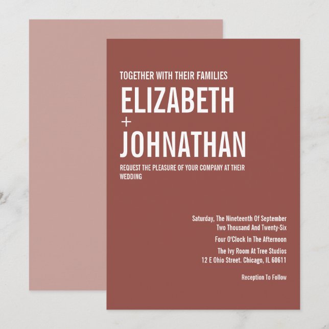 Convites Casamento Simple Boho Dusty Rosa Tipografia (Frente/Verso)