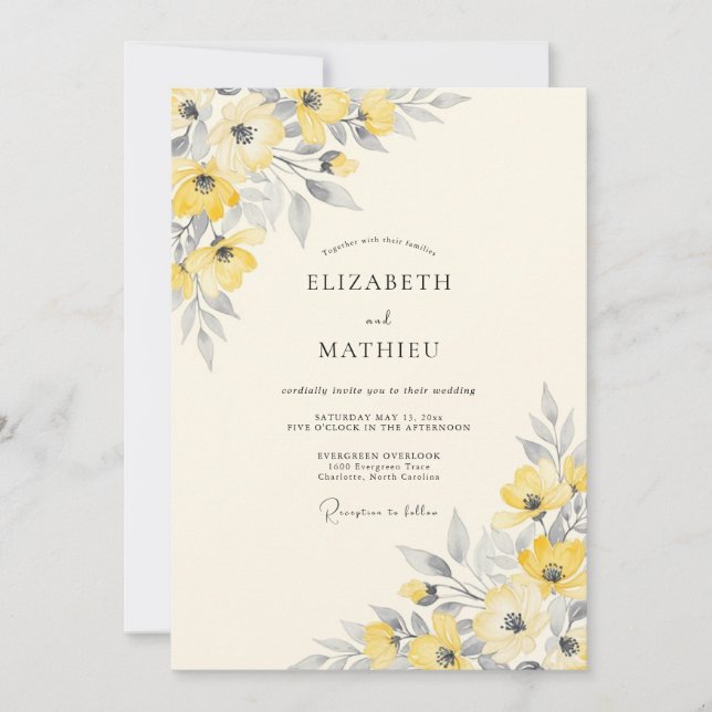 Convites Casamento Simples Amarelo Prata na Primavera (Frente)