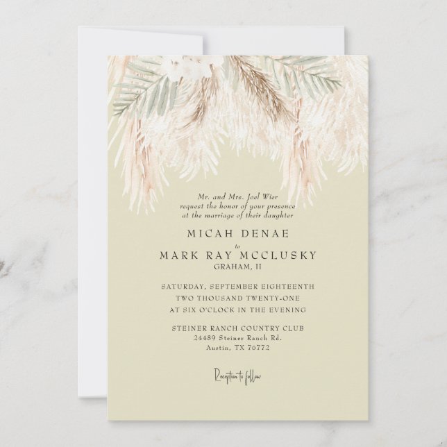 Convites Casamento Simples Amarelo Suave Pampas (Frente)
