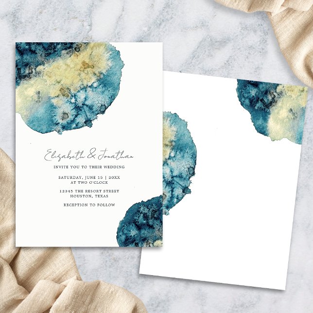 Convites Casamento Simples Azul Naval Aquarela Boho Único (Front/Back)