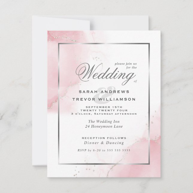 Convites Casamento Simples Bege Rosa Prata Abstrato (Frente)