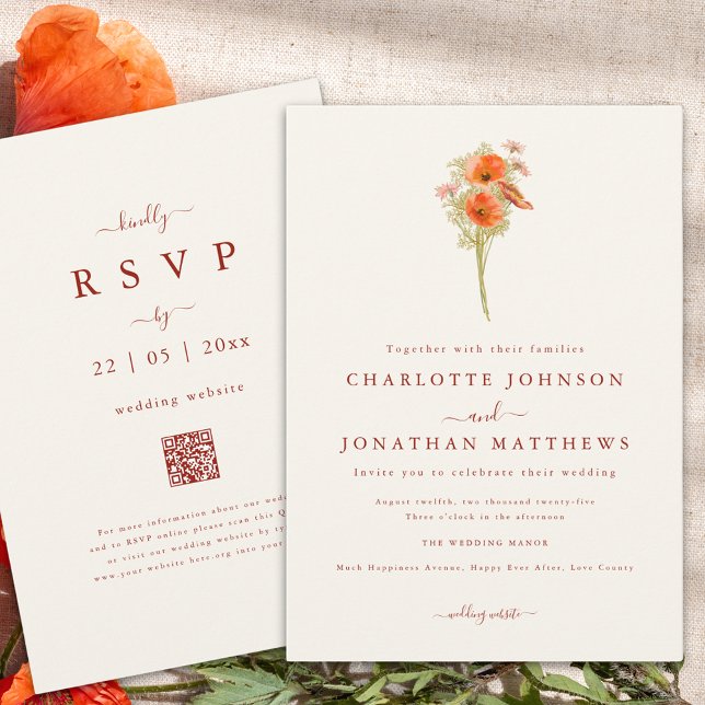 Convites Casamento Simples Boho de Flores Silvestres de Out (Minimalist wildflower fall wedding invitation with wedding website qr code)