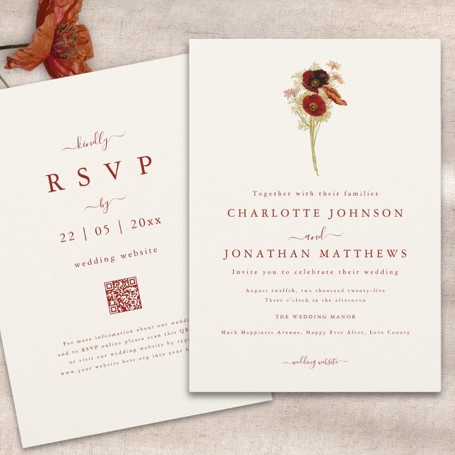Convites Casamento Simples Boho de Flores Silvestres de Out (Simple wildflower burnt orange script wedding invitation with wedding website qr code)
