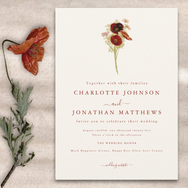Convites Casamento Simples Boho de Flores Silvestres de Out (Minimalist boho wildflower fall wedding invitation in earthy tones )