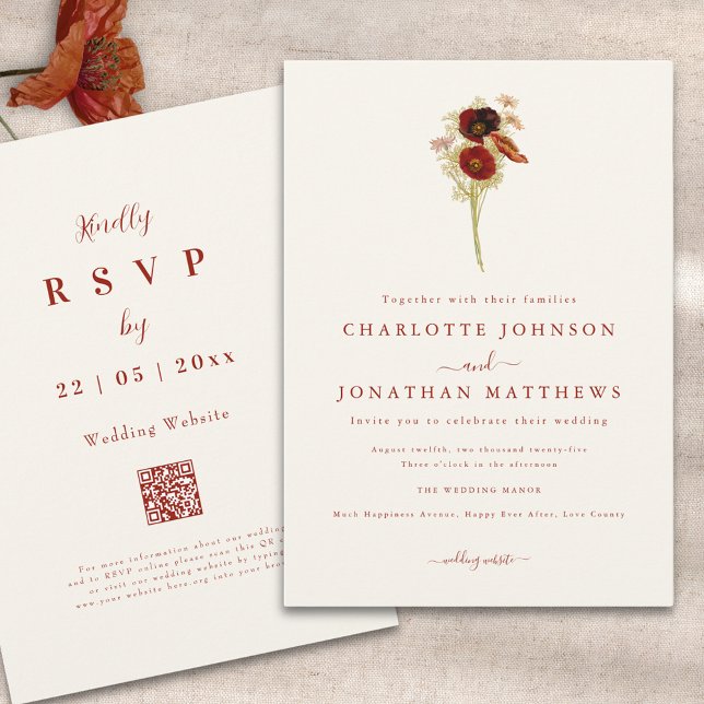 Convites Casamento Simples Boho de Flores Silvestres de Out (Minimalist boho wildflower fall wedding qr code invitation )