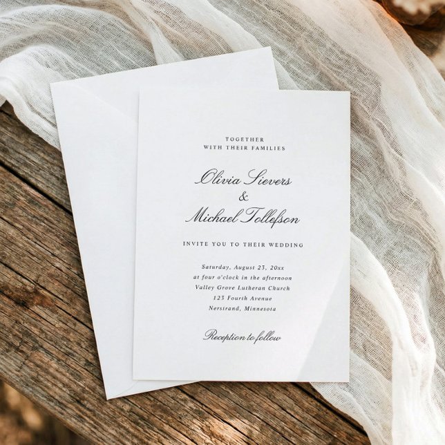 Convites Casamento Simples Clássico Tradicional de Família  (Traditional black and white wedding invitation with classic calligraphy and formal typography)