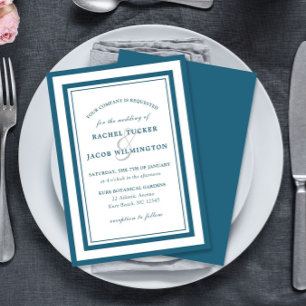 Convites Casamento Simples com Borda Azul e Patina Moderna