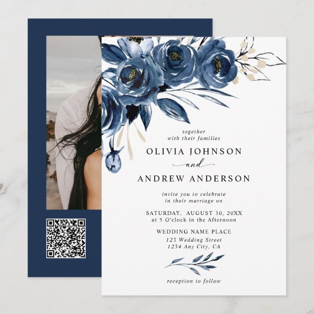 Convites Casamento Simples com Código QR e Foto de Flores A (Frente/Verso)