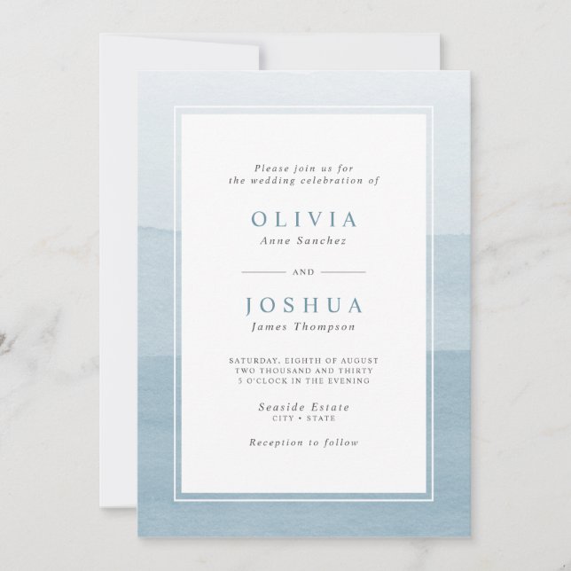 Convites Casamento Simples com Efeito Ombre em Aquarela Azu (Frente)