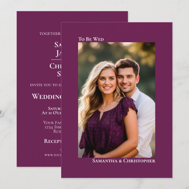 Convites Casamento Simples com Foto Vertical em Magenta Plu (Frente/Verso)