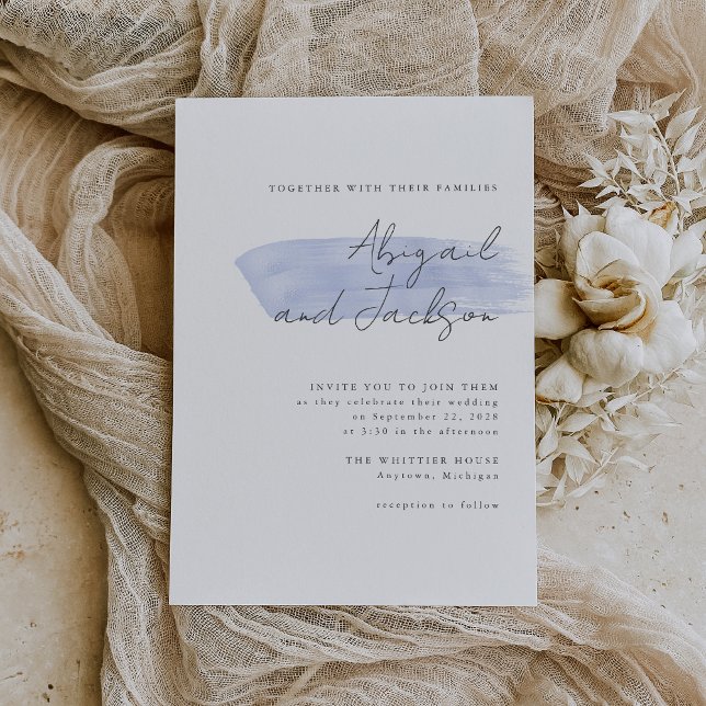 Convites Casamento Simples com Pinceladas de Azul Empoeirad (A simple, modern invitation for a wedding with a dusty blue color palette.)