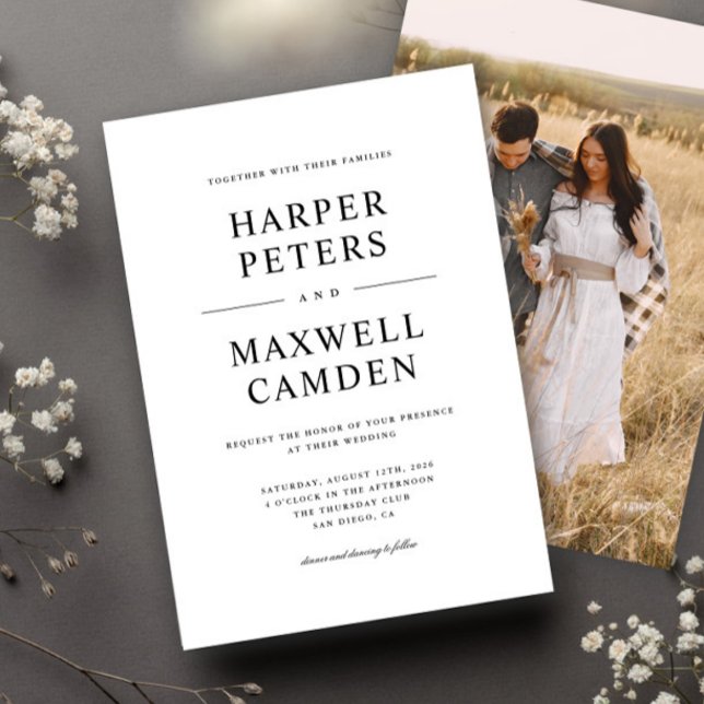 Convites Casamento Simples com Tipografia Preta e Branca (Criador carregado)