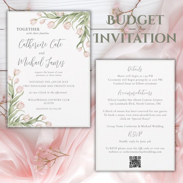 Convites Casamento Simples com Tulipas Rosa Floral Elegante (Criador carregado)