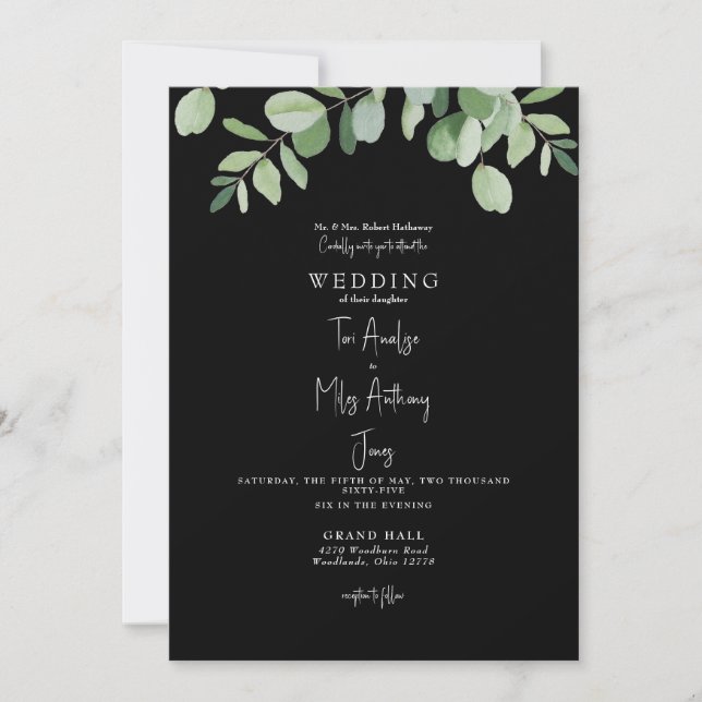 Convites Casamento Simples com Verde de Eucalipto Preto (Frente)