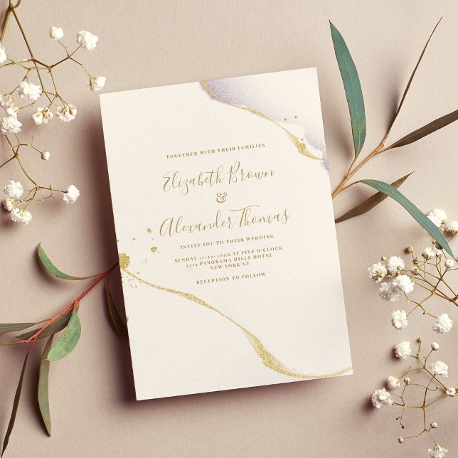 Convites Casamento simples de aquarela roxa e dourada (Simple purple watercolor and gold glitter wedding)