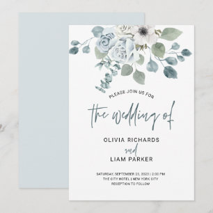 Convites Casamento Simples de Azul Floral e Eucalyptus
