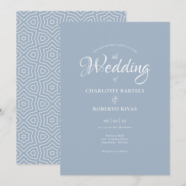 Convites Casamento Simples de Caligrafia Azul Empoeirado (Frente/Verso)
