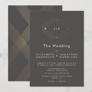 Convites Casamento Simples de Carvão Geométrico Dourado