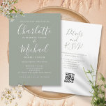 Convites Casamento Simples de Código QR Verde do Script Ele<br><div class="desc">Apresentando nomes de estilo de assinatura,  este convite elegante para casamento verde de sábio pode ser personalizado com todas as suas informações especiais sobre o dia do casamento na frente,  seus detalhes do site do casamento e seu código QR no verso. Projetado por Thisnotme©</div>