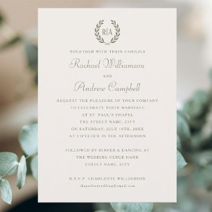 Convites Casamento Simples de Creme Verde Monograma