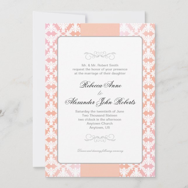 Convites Casamento Simples de Damask Rosa e Coral (Frente)