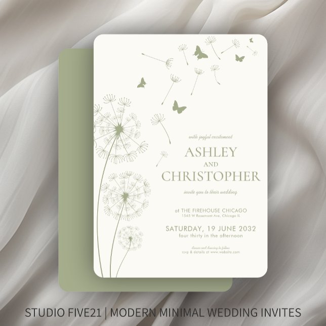 Convites Casamento Simples de Dandelion Verde Sage (Criador carregado)