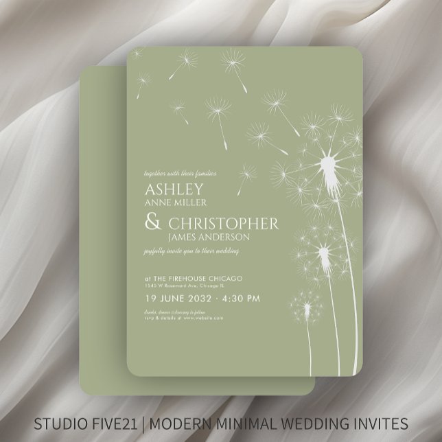Convites Casamento Simples de Dandelion Verde Sage (Criador carregado)