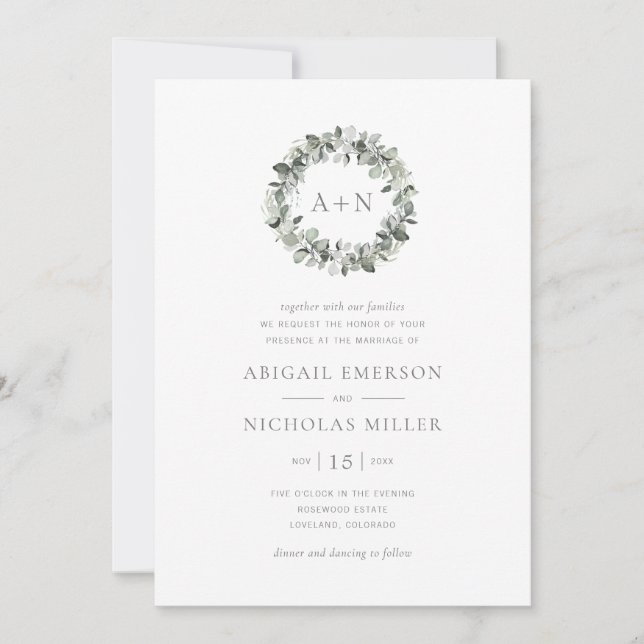 Convites Casamento Simples de Eucalipto em Aquarela (Frente)