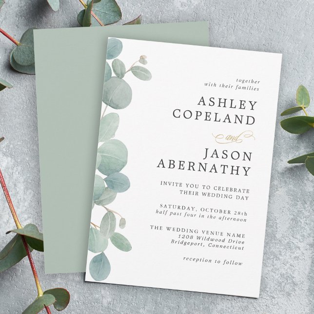 Convites Casamento Simples de Eucalyptus Watercolor (A simple watercolor eucalyptus border make this wedding invite a versatile choice for all seasons.)