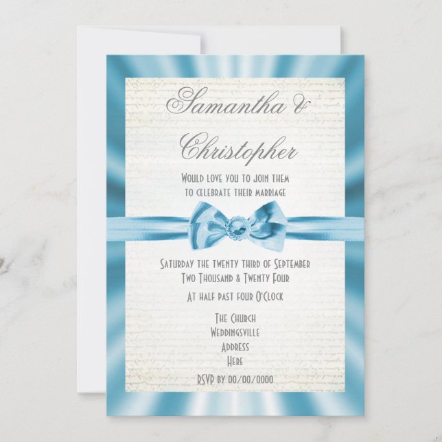 Convites Casamento simples de fita azul clara (Frente)