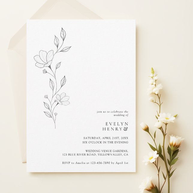 Convites Casamento Simples de Flor Silvestre Minimalista Ch (Criador carregado)
