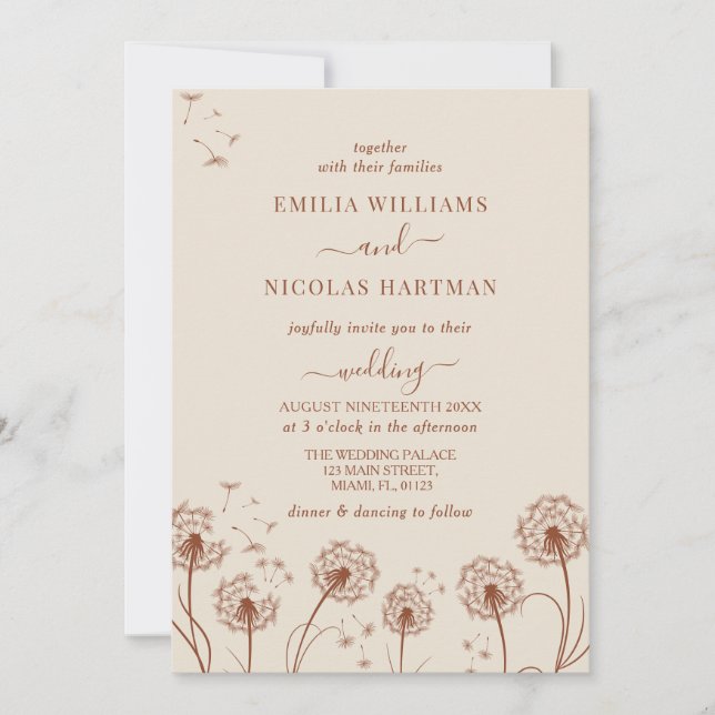 Convites Casamento Simples de Flores Silvestres Bege Marrom (Frente)