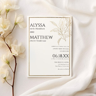 Convites Casamento simples de folhagem de luxo e ouro branc