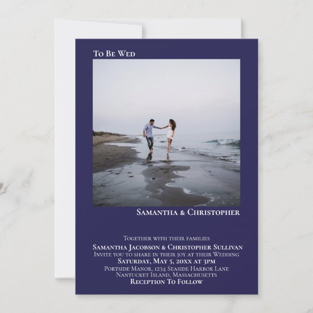 Convites Casamento Simples de Fotos Azul Marinho Minimalist (Frente)
