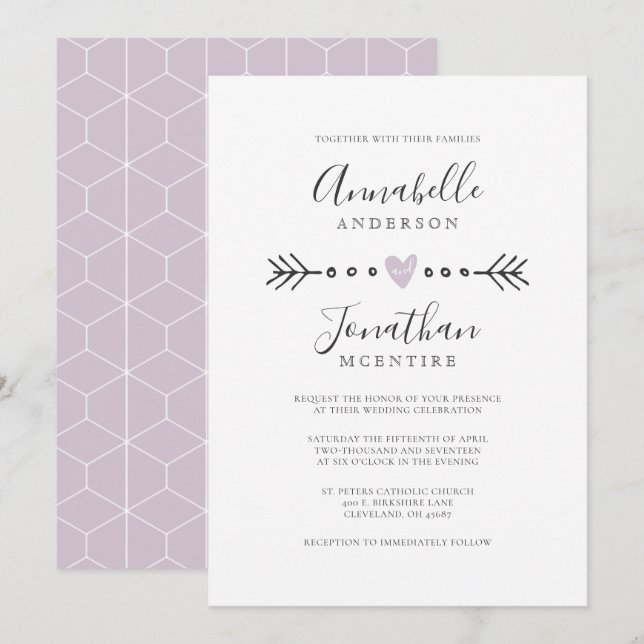 Convites Casamento Simples de Geometria do Coração e Seta L (Frente/Verso)