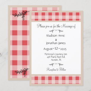 Convites Casamento Simples de Gingham Country Xadrez Burgun