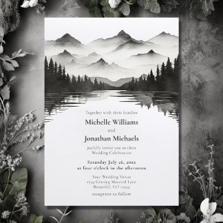 Convites Casamento Simples de Lago Black and White Mountain