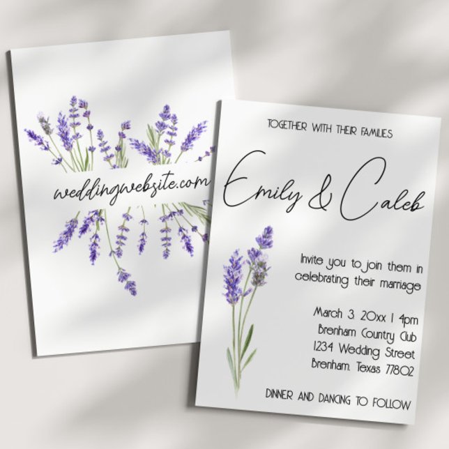 Convites Casamento simples de Lavanda de Aquarela (rustic country wedding invitation with watercolor lavender graphic and script writing. )