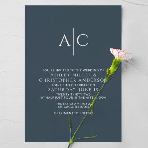 Convites Casamento simples de monograma azul Marinho