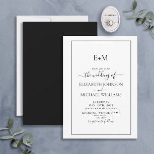 Convites Casamento Simples de Monograma Branco Branco Negro