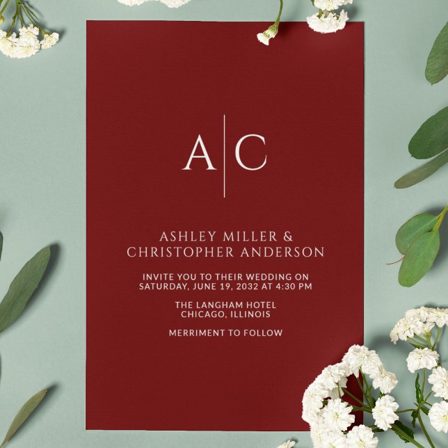 Convites Casamento Simples de Monograma Vermelho (Criador carregado)