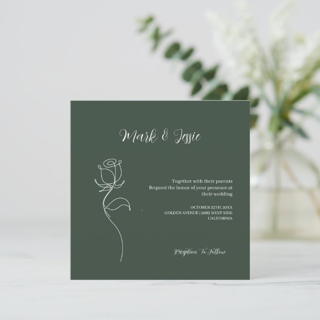 Convites Casamento Simples de ROE Dusky Verde e Branco (Em pé/Frente)