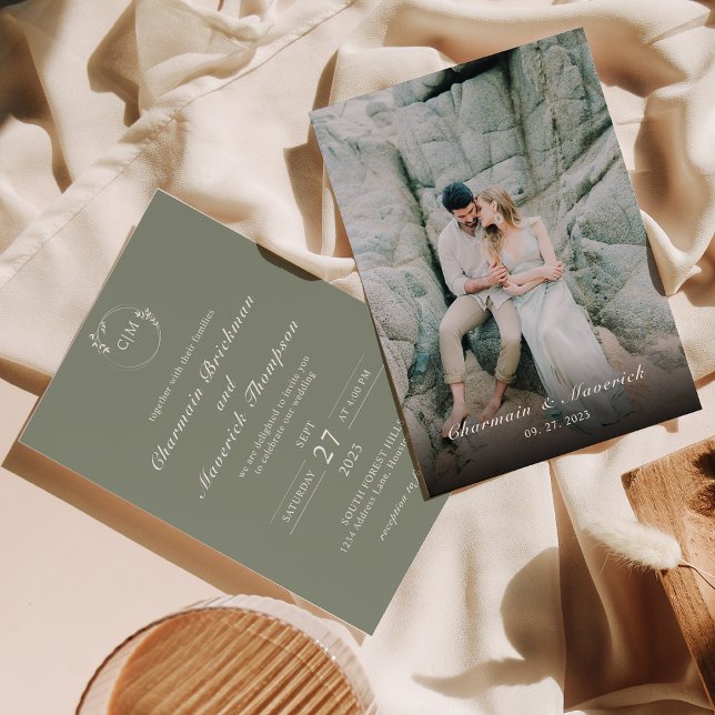 Convites Casamento Simples De Sage Clássica De Monograma Ve (Criador carregado)