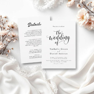 Convites Casamento Simples de Script Branco e Preto Delicad