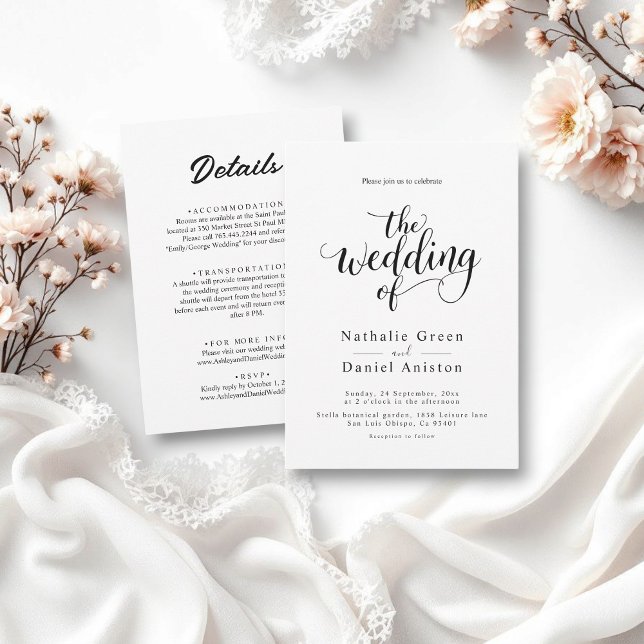 Convites Casamento Simples de Script Branco e Preto Delicad (Criador carregado)