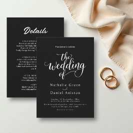 Convites Casamento Simples de Script Branco e Preto Delicad