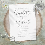 Convites Casamento Simples de Script de Assinatura Elegante<br><div class="desc">Apresentando nomes de estilo de assinatura,  esta cinza elegante e o convite de casamento branco podem ser personalizados com suas informações em caracteres de cinza. Projetado por Thisnotme©</div>