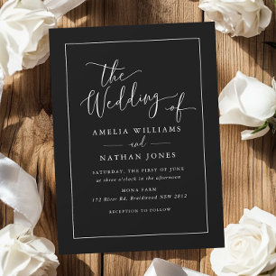 Convites Casamento Simples de Script Russo Branco Negro