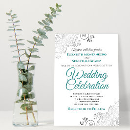 Convites Casamento Simples de Teal e Cinzas Silver Filigree
